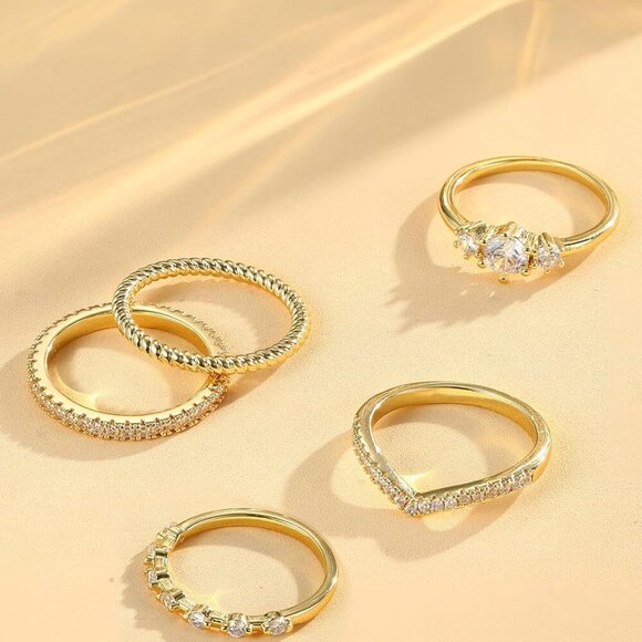 Stackable Gold Rings Brass 14K Plated Cubic Zirconia Dainty Trendy for Women - Picture 6 of 6